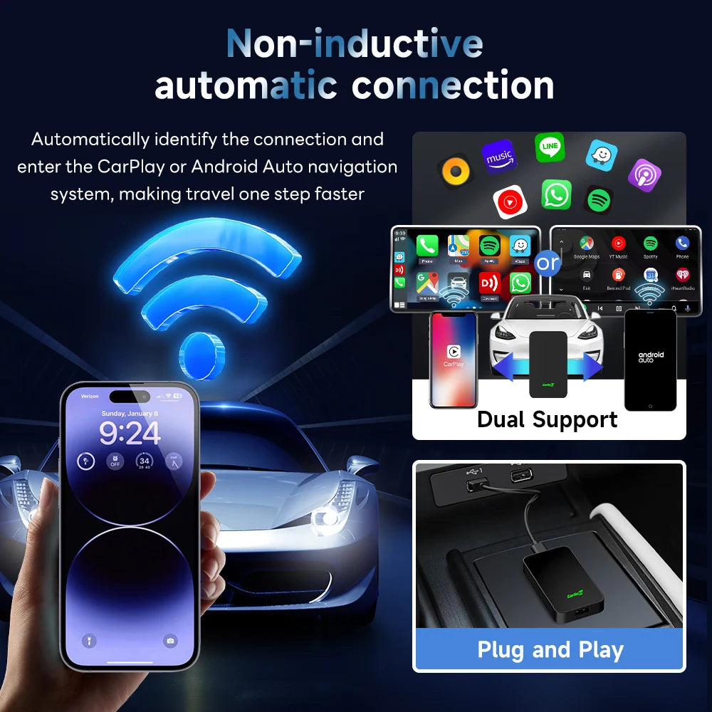 WIRELESS CARPLAY & ANDROID AUTO ADAPTER– PLUG & PLAY iPHONE& ANDROID)